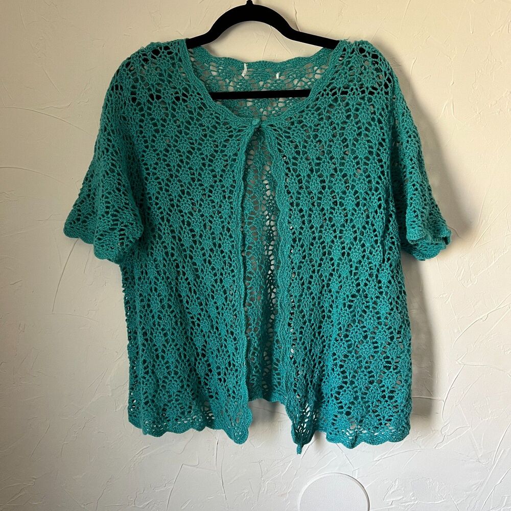 Teal Crochet Short Sleeve Open Knit One Button Cardigan Boho Beachy y2k Coastal - Picture 6 of 7